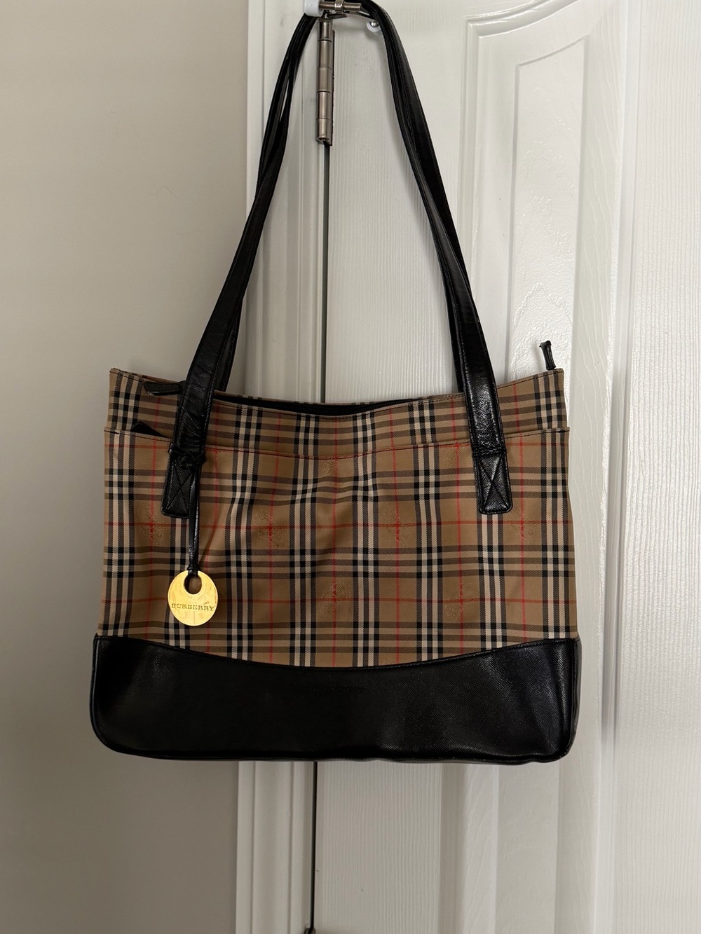Burberry Nova Check Tote Bag Black Leather